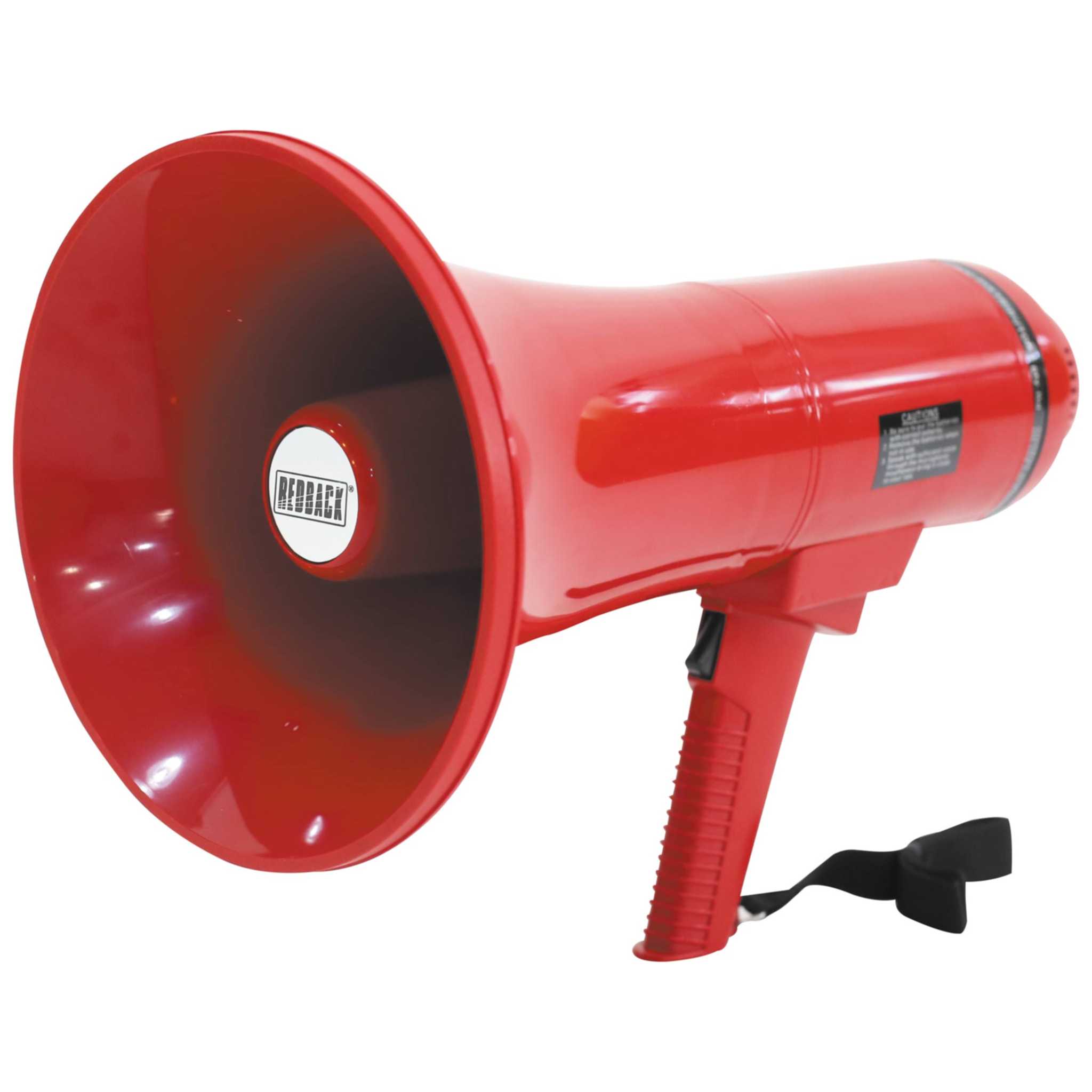 Front view of the Redback A1980B Megaphone, featuring a built-in microphone, volume control, and power switch.