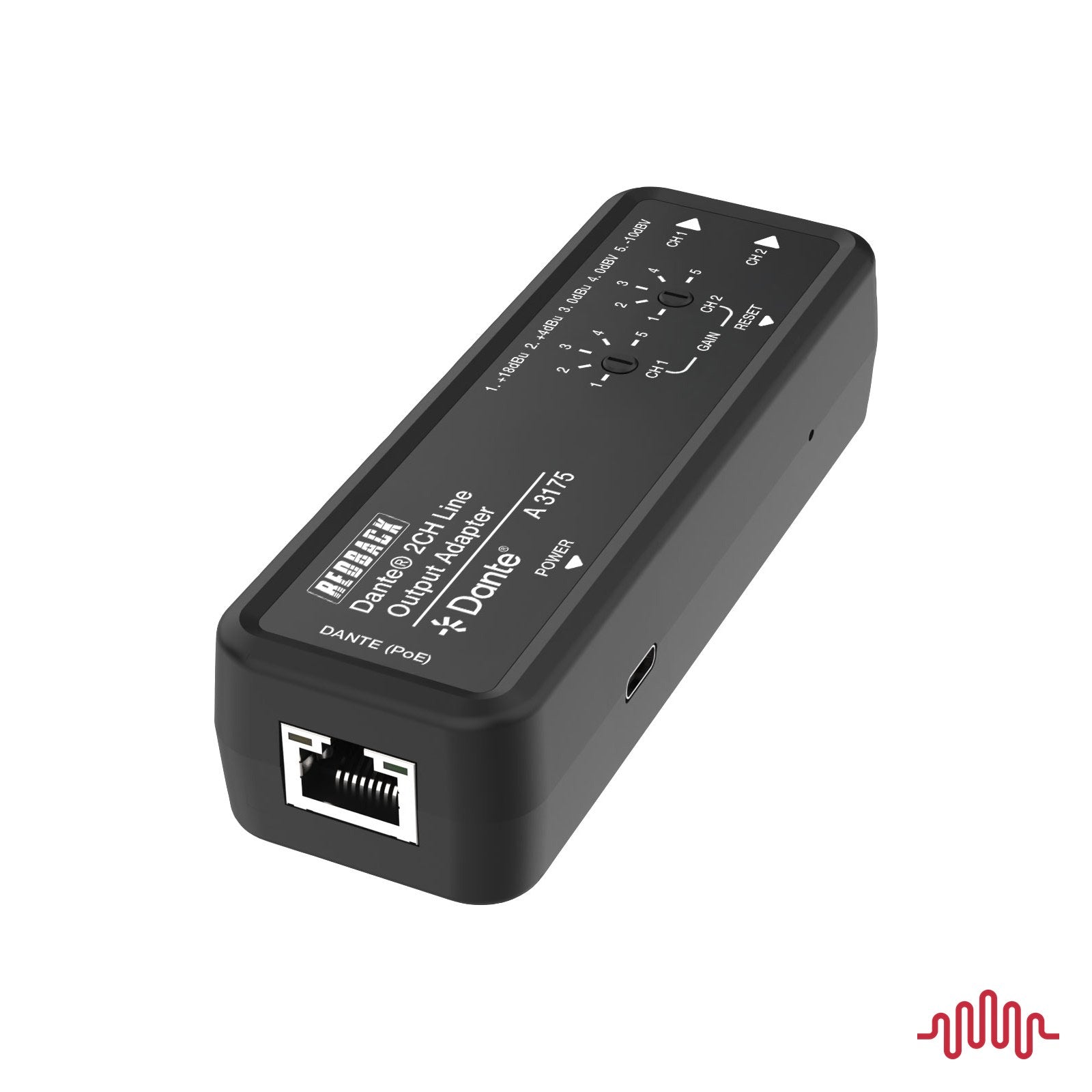 Redback A3175 2 channel line output to Dante input adapter