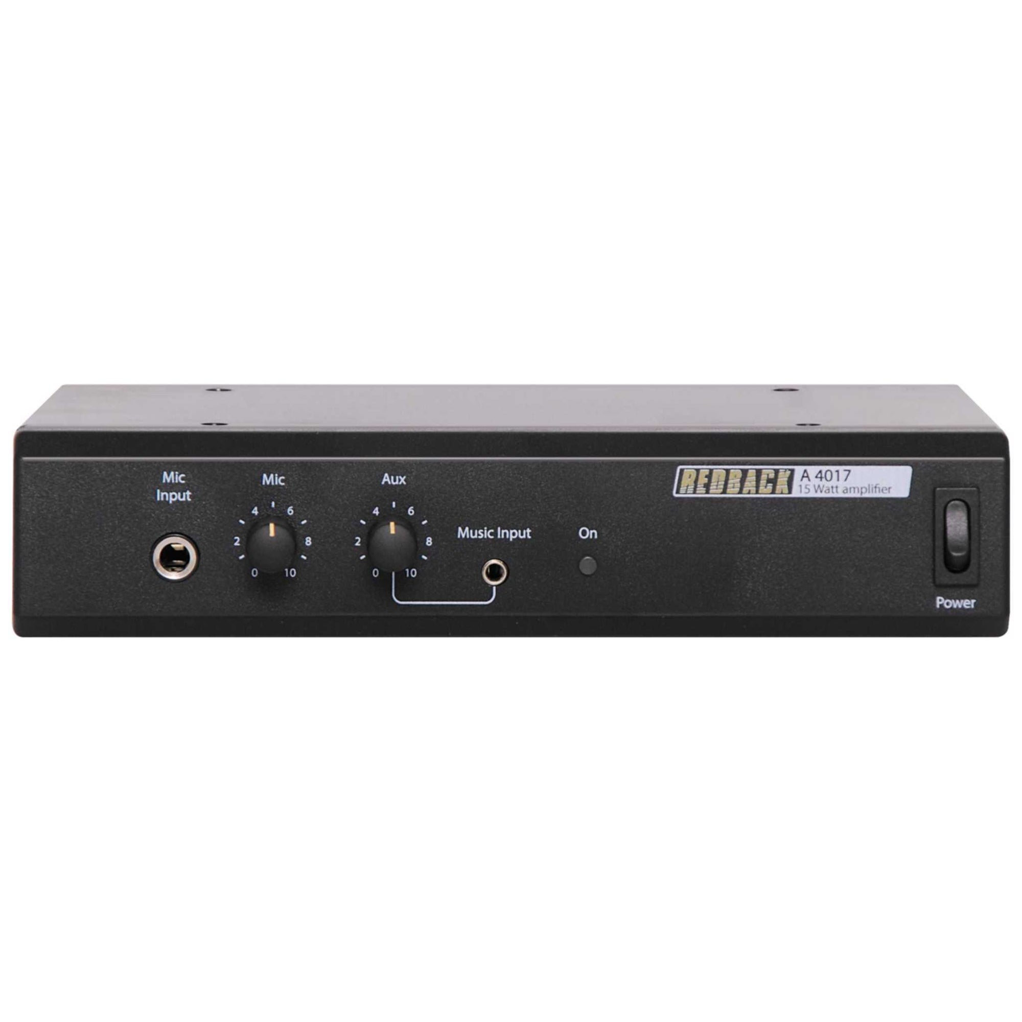 Front view of the Redback A4017 15W Public Address (PA) Amplifier, featuring mic input, auxiliary input, music input, and power controls