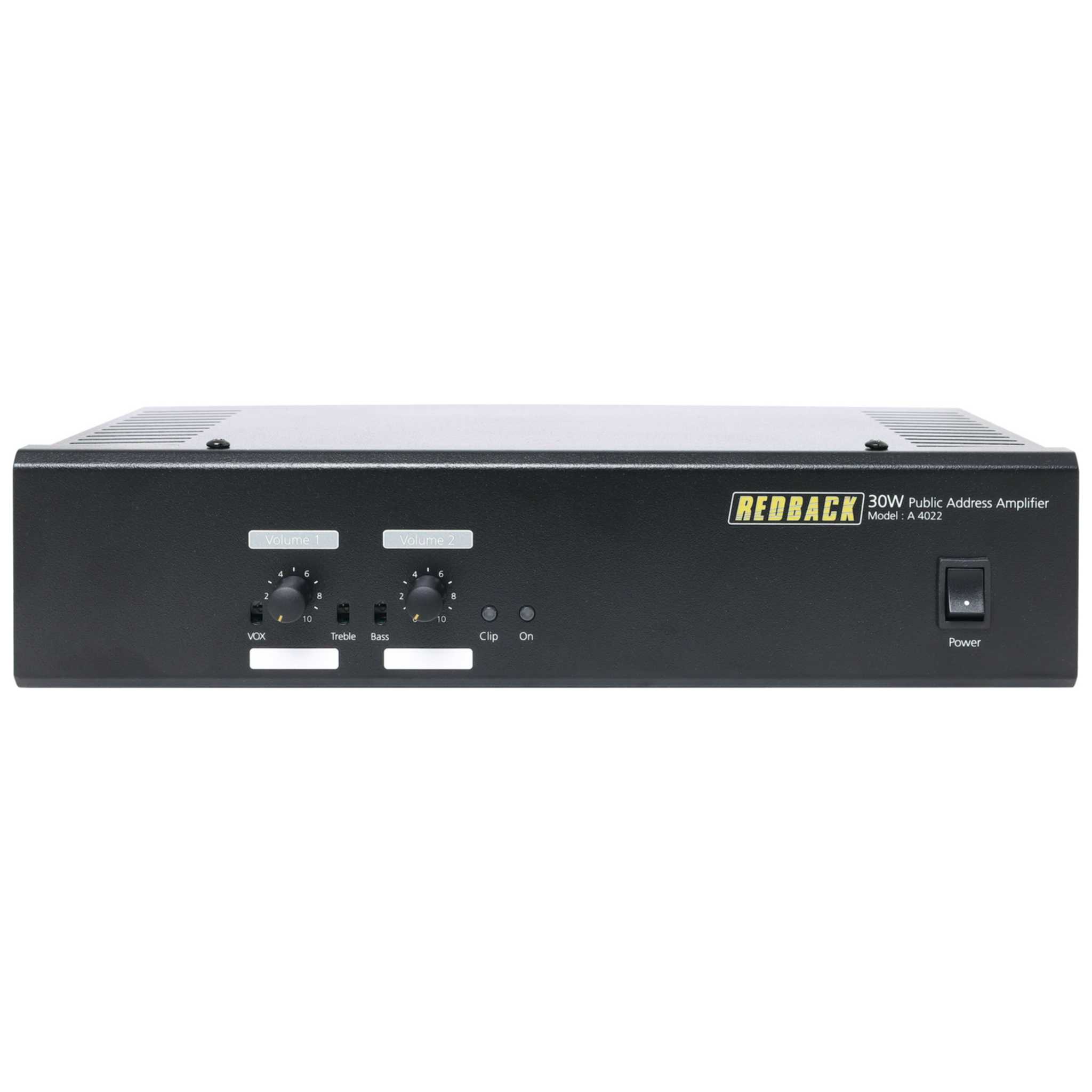 Front view of the Redback A4022 30W PA Amplifier, featuring volume controls, treble and bass controls, and power switch.