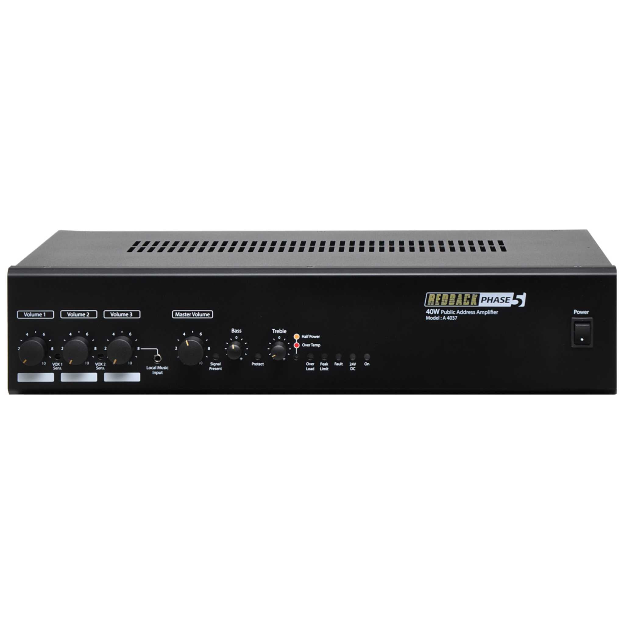 Front view of the Redback A4037 40W Public Address Amplifier, featuring volume controls, treble and bass controls, and multiple input options.