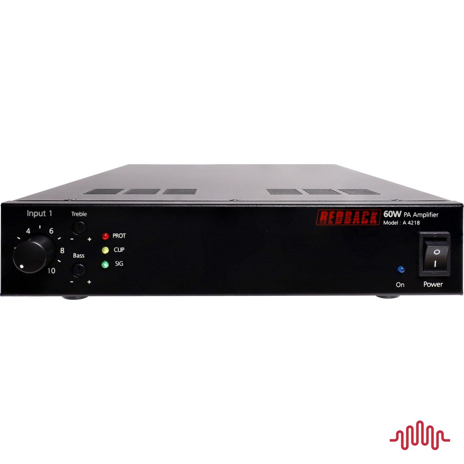 Redback A4218 60W half rack PA zone amplifier front panel