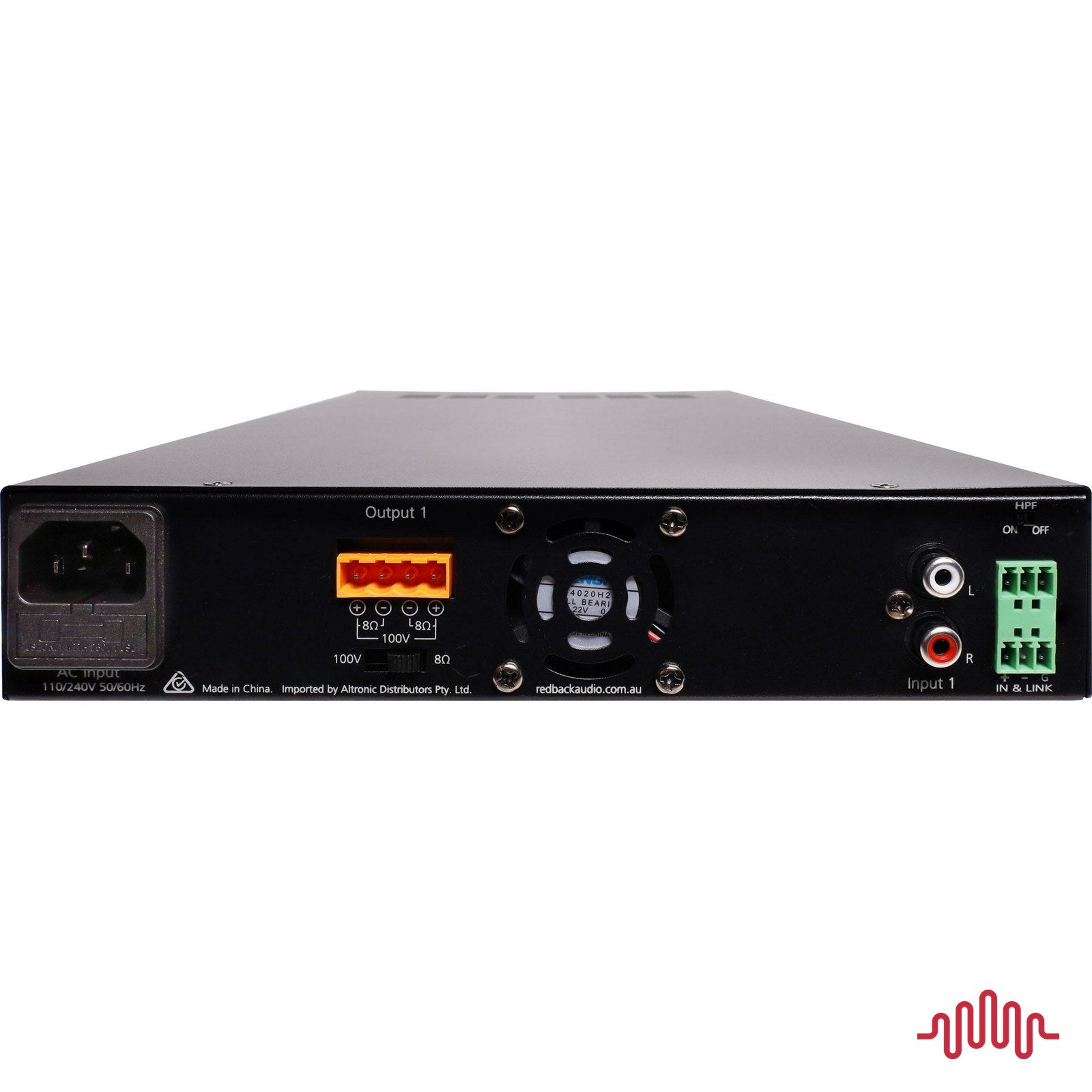 Redback A4218 60W half rack PA zone amplifier rear panel connections