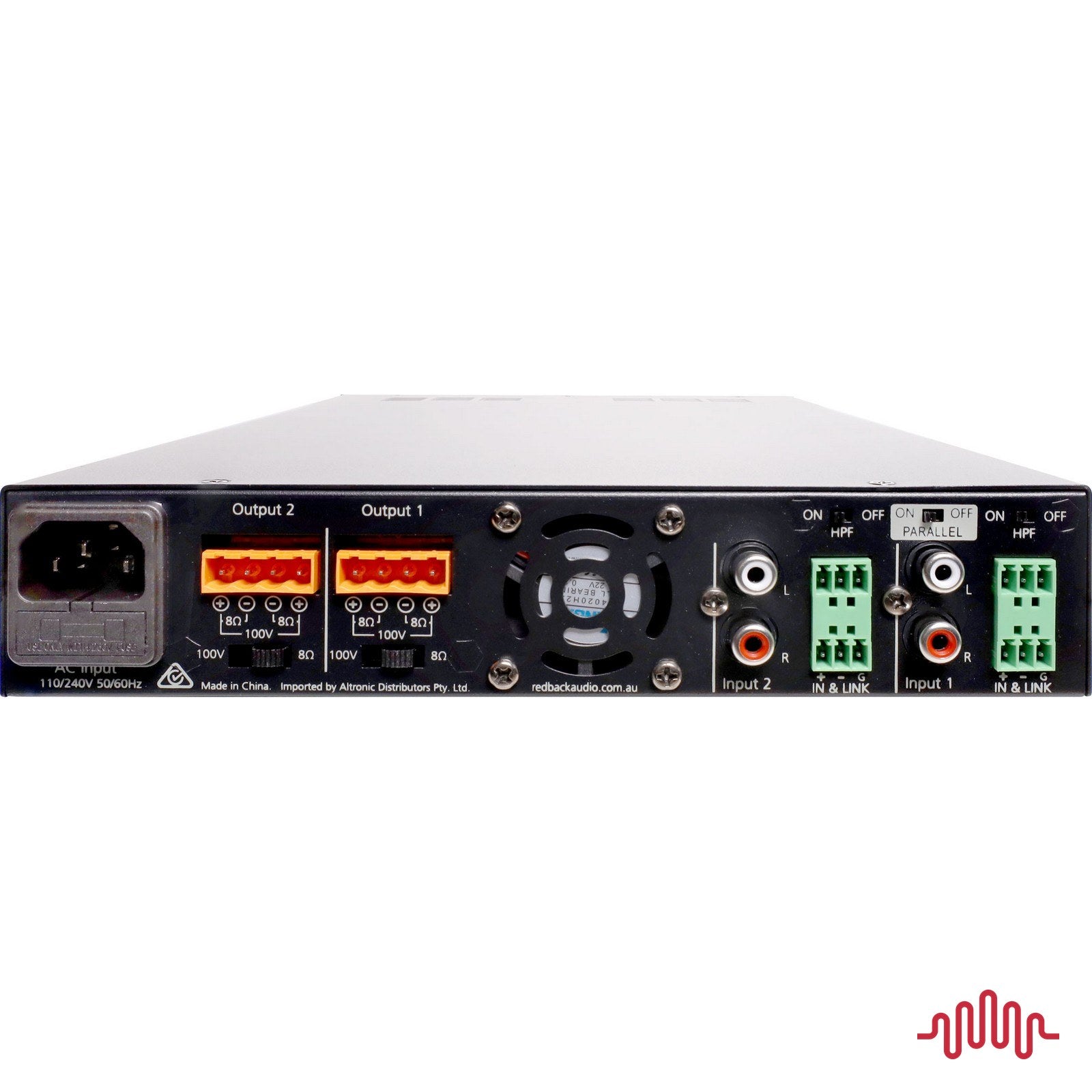 Redback A4219 2 x 60W half rack PA zone amplifier rear panel connections