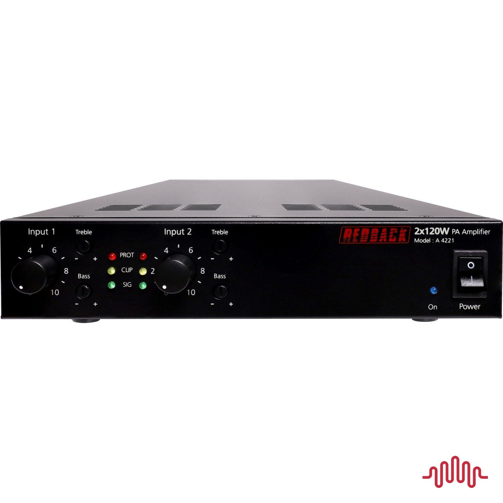 Redback A4221 2 x 120W half rack PA zone amplifier front panel