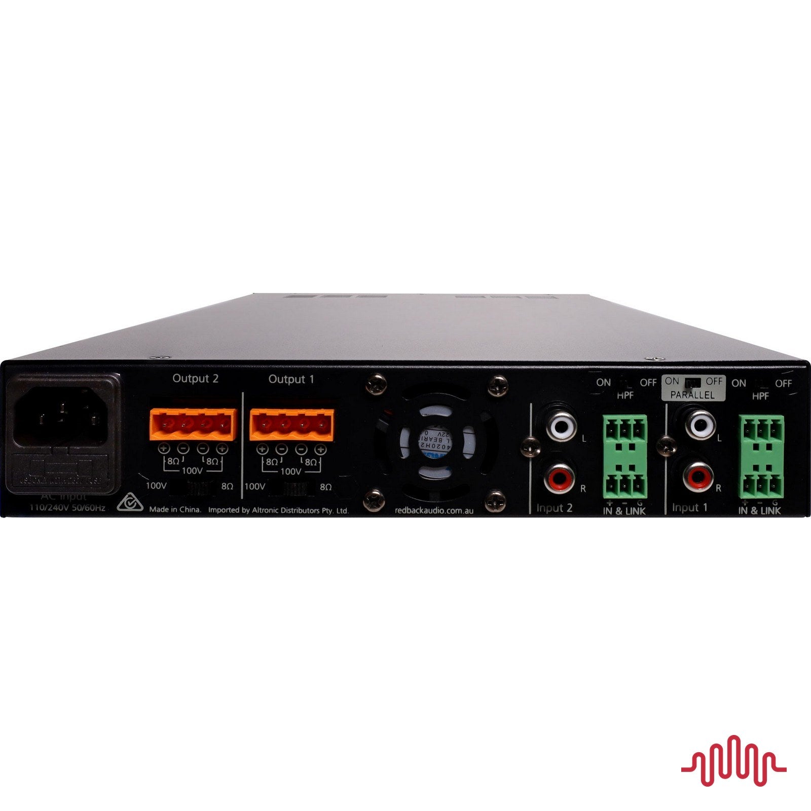 Redback A4221 2 x 120W half rack PA zone amplifier rear panel connections