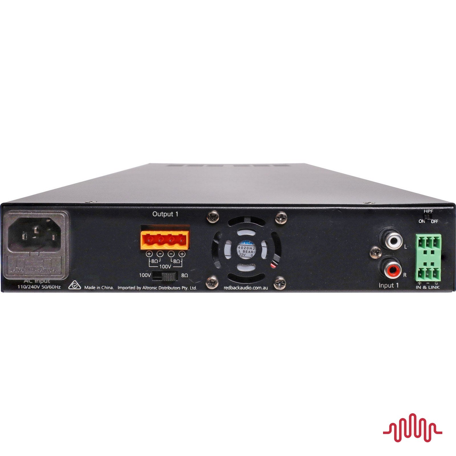Redback A4222 240W half rack PA zone amplifier rear panel connections