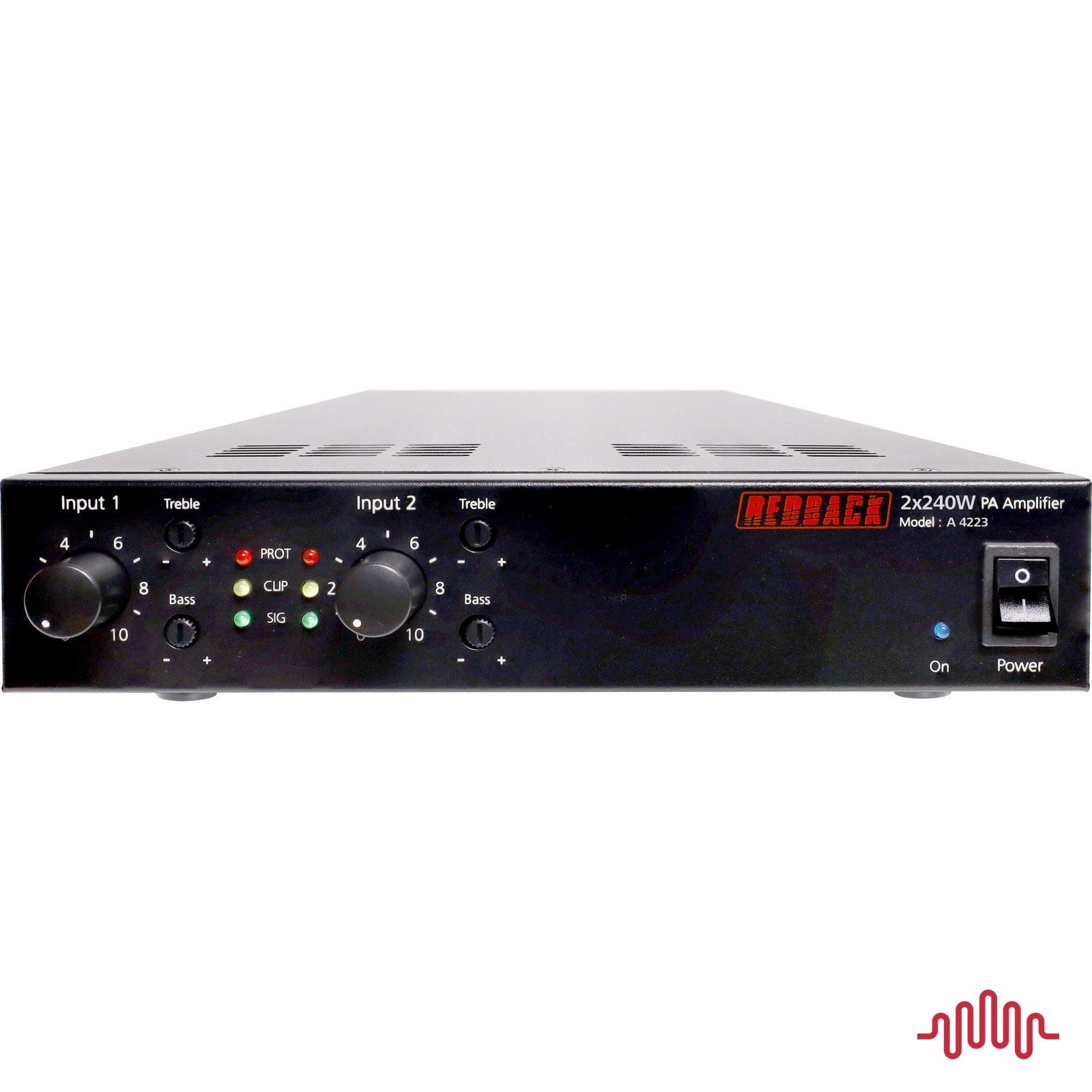 Redback A4223 2 x 240W half rack PA zone amplifier front panel