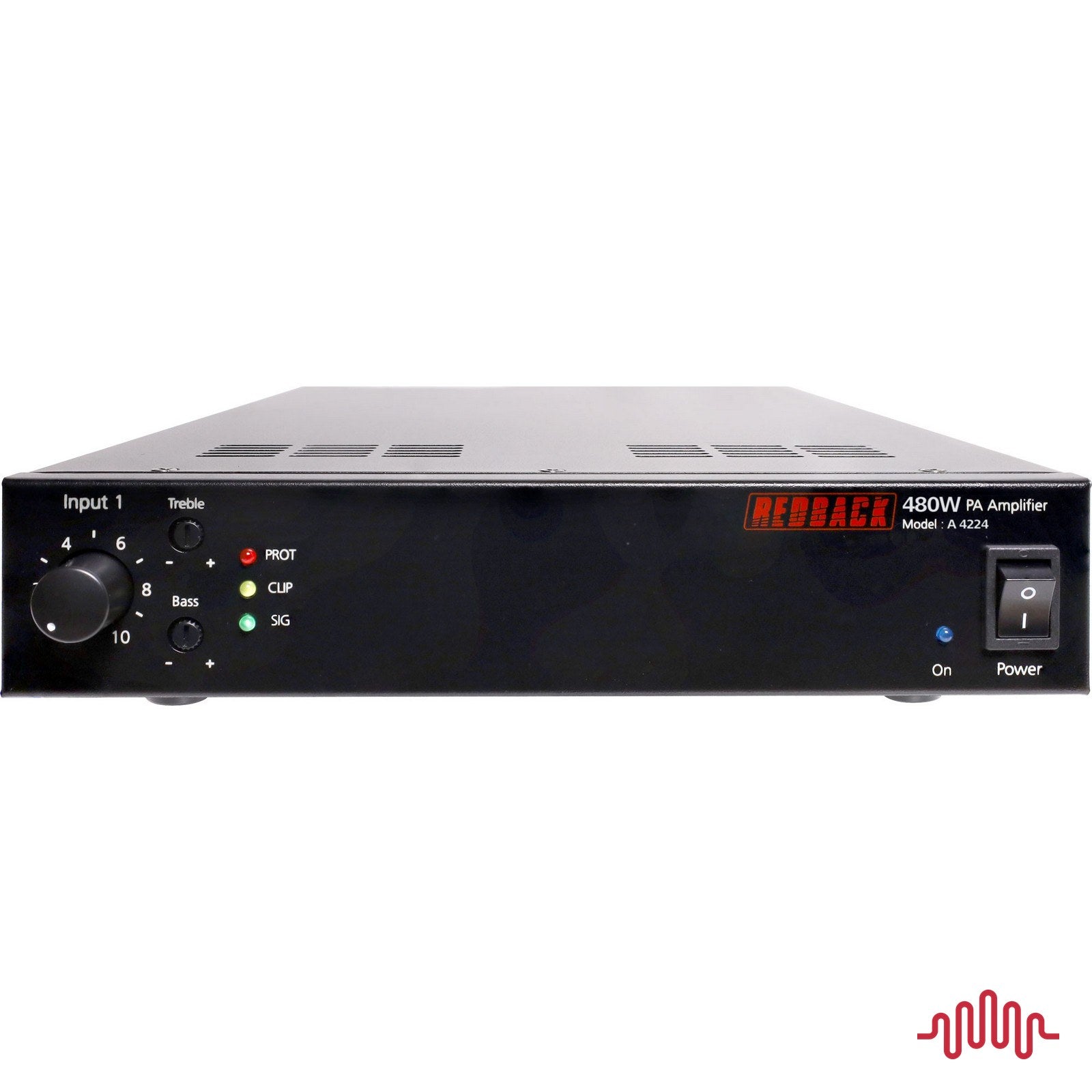 Redback A4224 480W half rack PA zone amplifier front panel