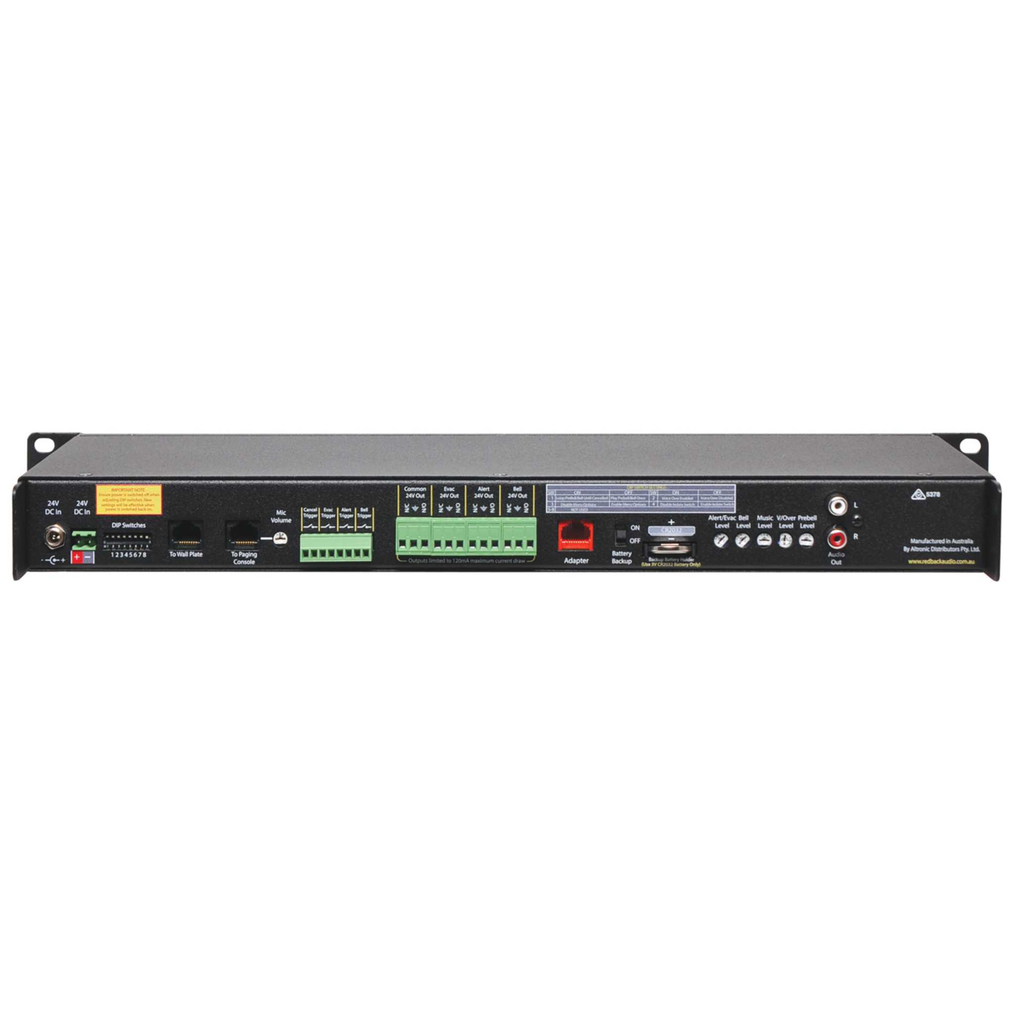 Rear view of the Redback 7 Day School Timer with Evac Tone Generator (4500C) showing various input/output connections, control terminals, and power supply ports