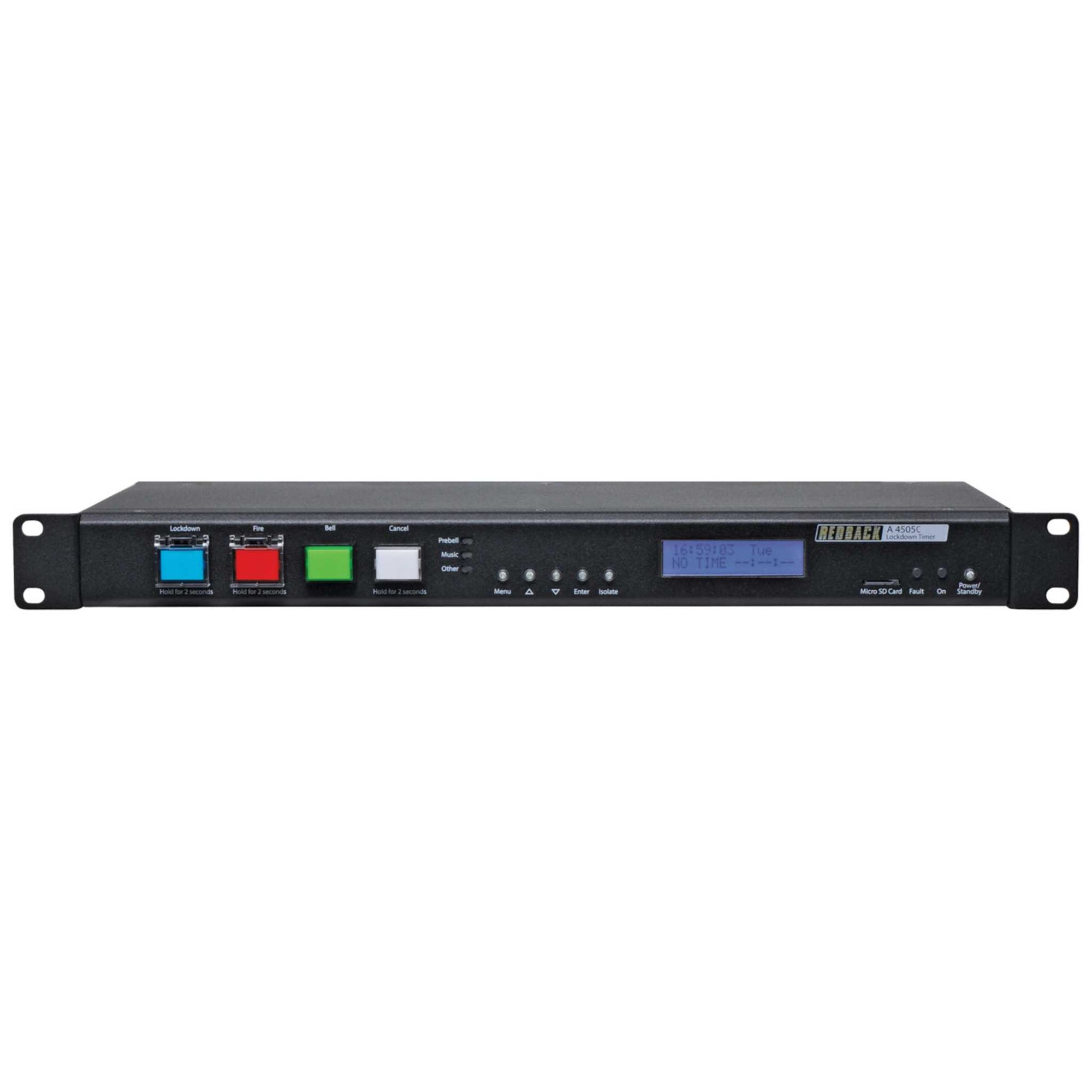 Front view of the Redback School Timer A4505C featuring control buttons for lockdown, fire, and bell functions, along with a digital display and menu navigation buttons.