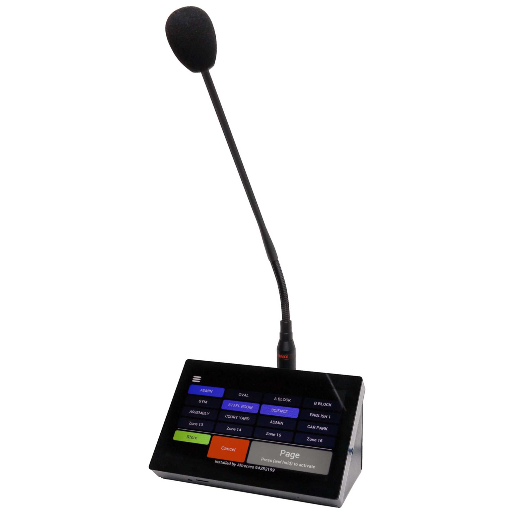 Redback 7-inch Master Paging Console with black touchscreen interface and gooseneck microphone, showing zone labels and paging controls.