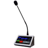 Redback 7-inch Master Paging Console with touchscreen displaying multiple zone buttons and gooseneck microphone.