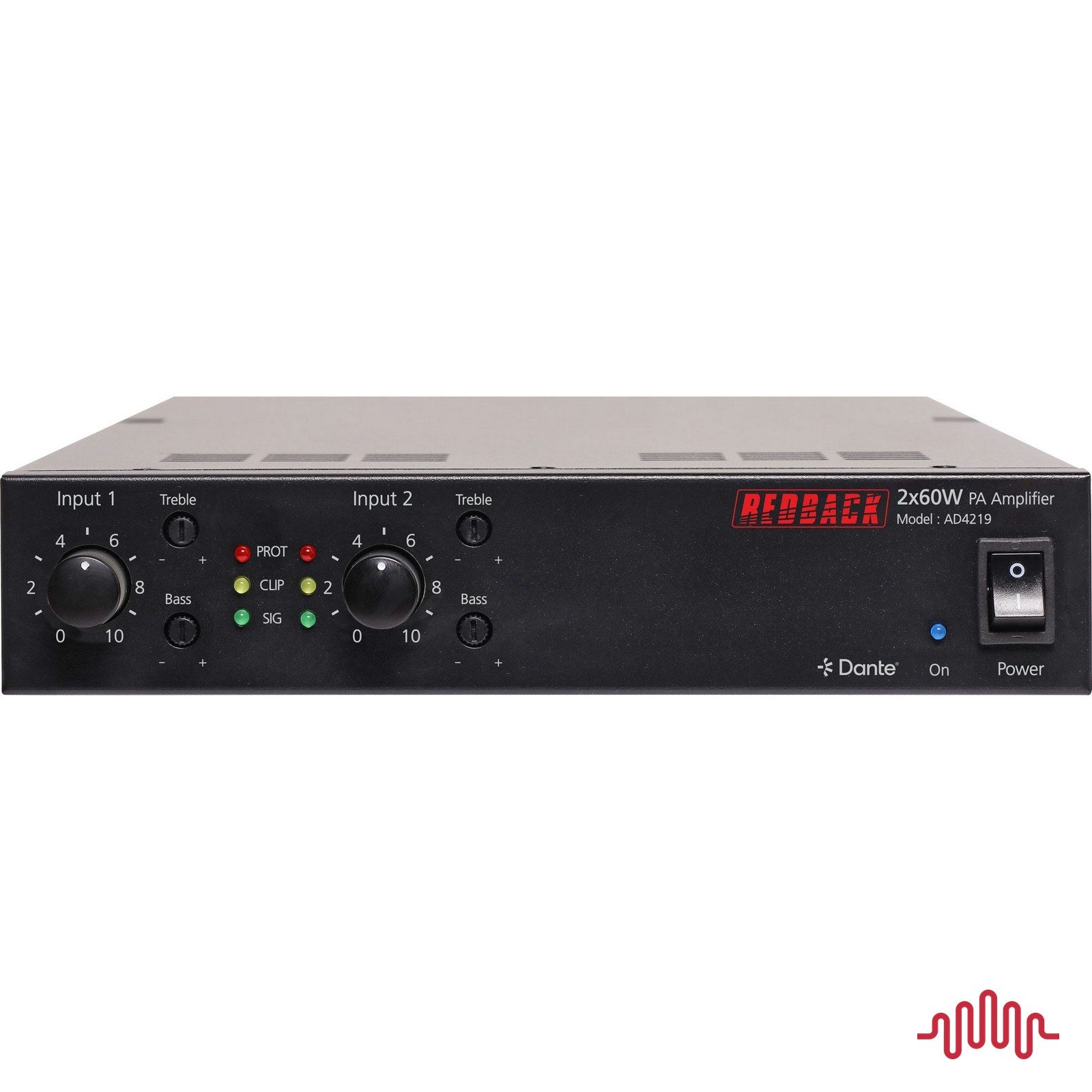Redback AD4219 2 x 60W Dante half rack PA zone amplifier front panel