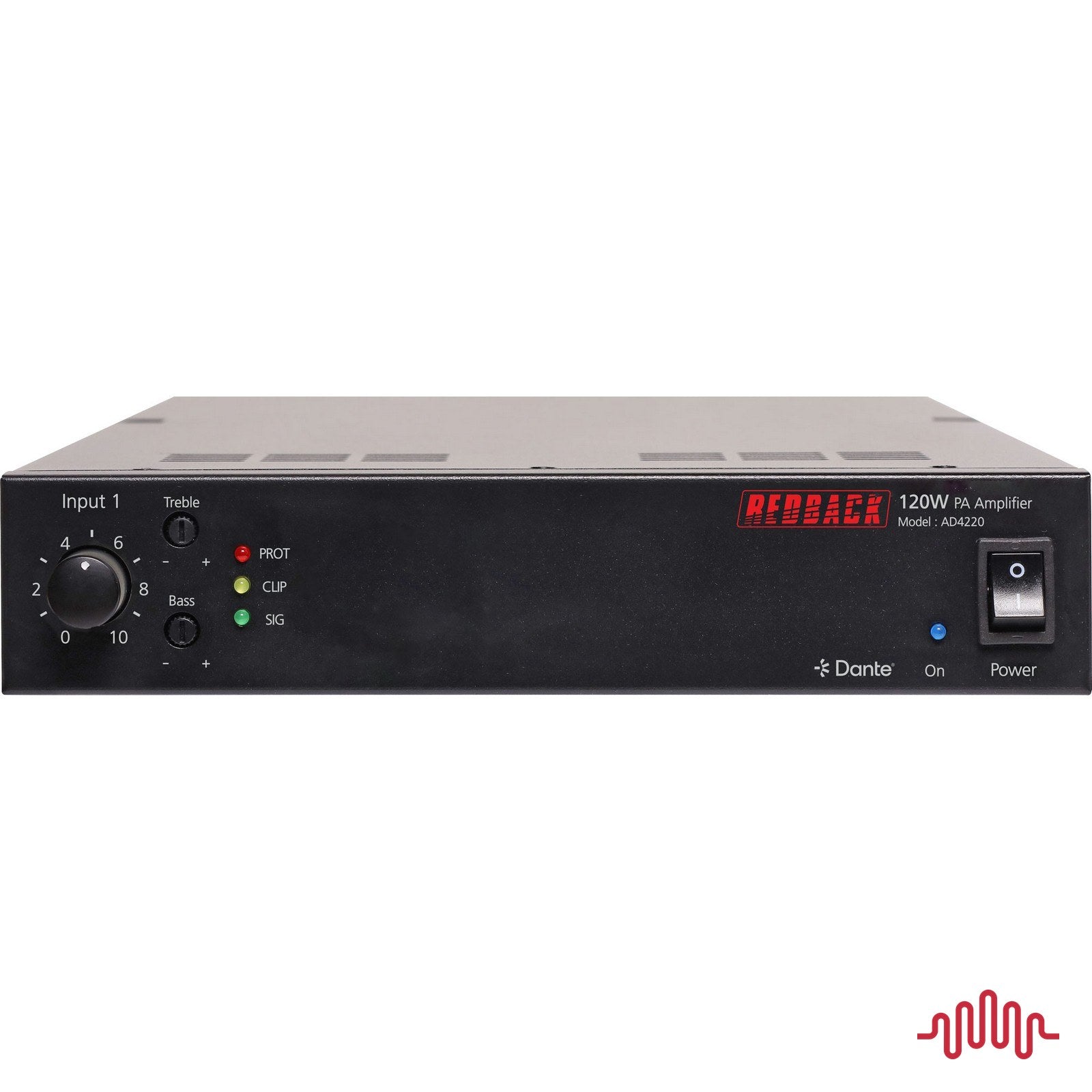 Redback AD4220 120W Dante half rack PA zone amplifier front panel