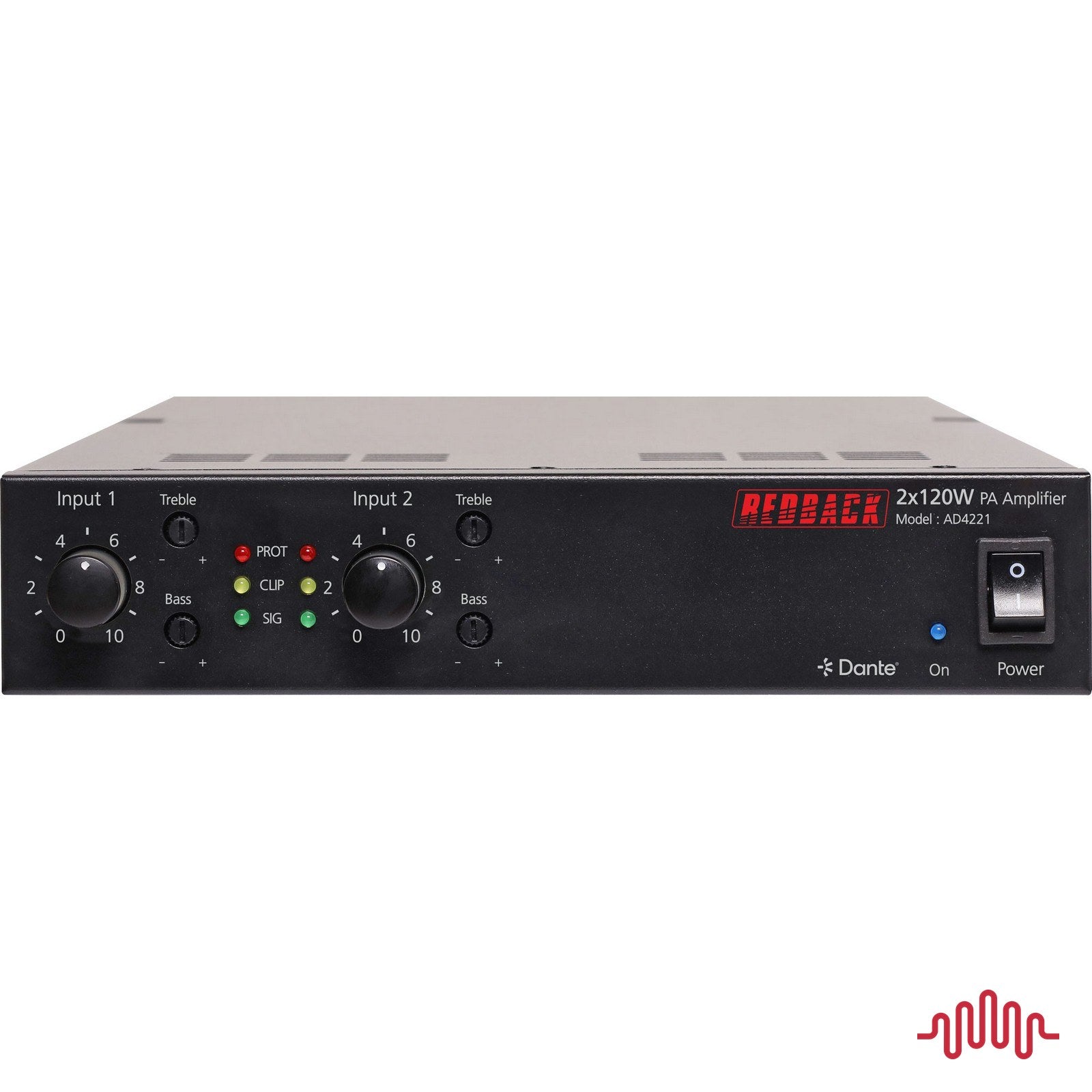 Redback AD4221 2 x 120W Dante half rack PA zone amplifier front panel