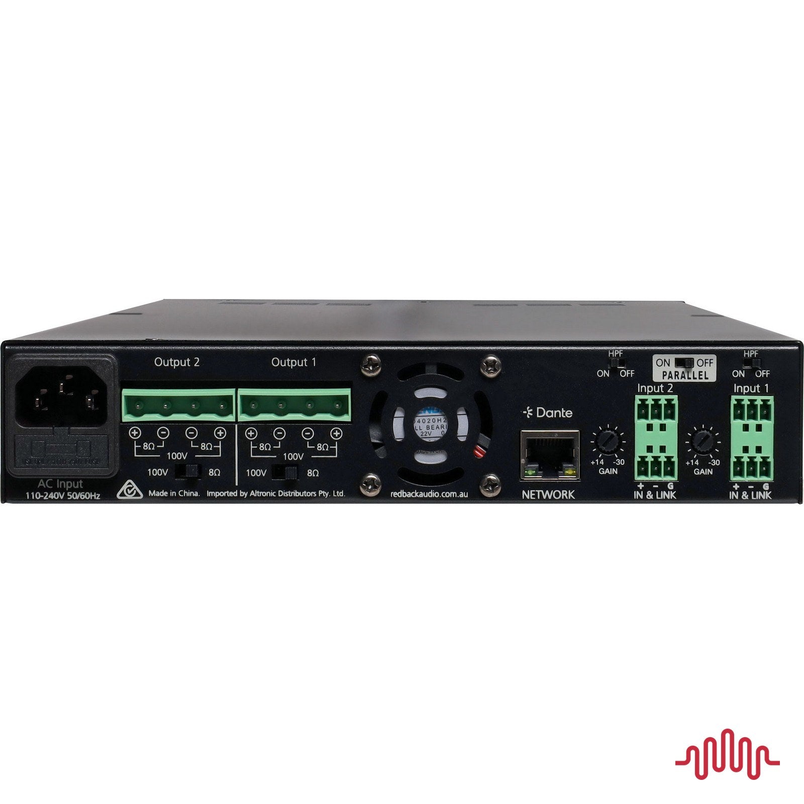 Redback AD4221 2 x 120W Dante half rack PA zone amplifier rear panel connections