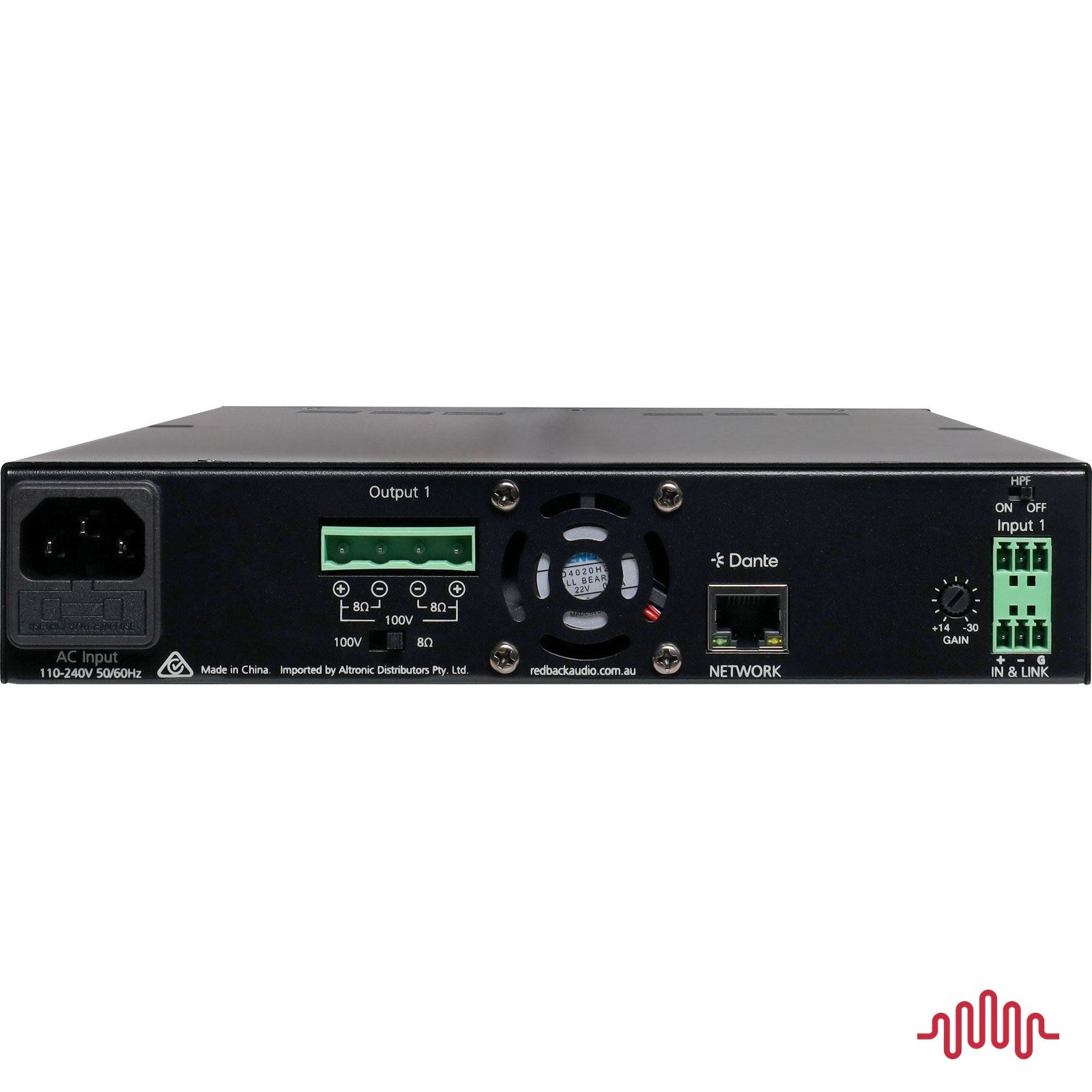 Redback AD4222 240W Dante half rack PA zone amplifier rear panel connections